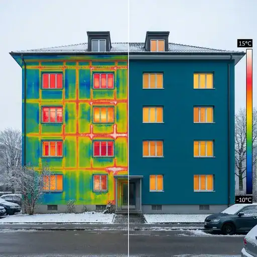 Analyse thermique d'une façade de bâtiment avec différence de température visible.