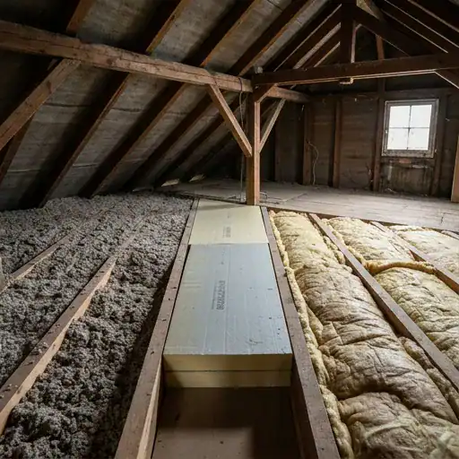 Combles isolés avec laine de roche et ouate de cellulose entre les solives.