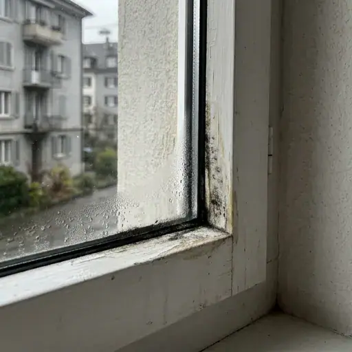 Fenêtre en PVC avec condensation et saleté sur le cadre.