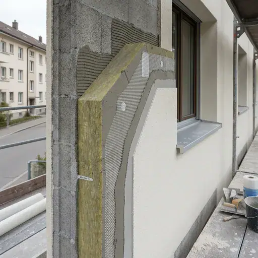 Cloison extérieure en construction avec isolation en laine de roche et pare-vapeur.