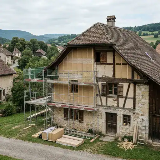 Maison ancienne en cours de rénovation avec échafaudage en bois et métal.