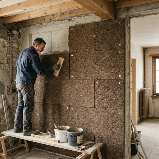 Pose de laine de roche sur un mur intérieur en construction.
