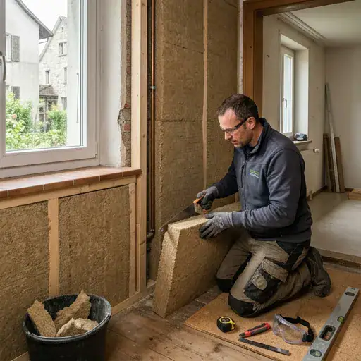 Travail d'isolation avec panneau en fibre de verre dans une pièce.